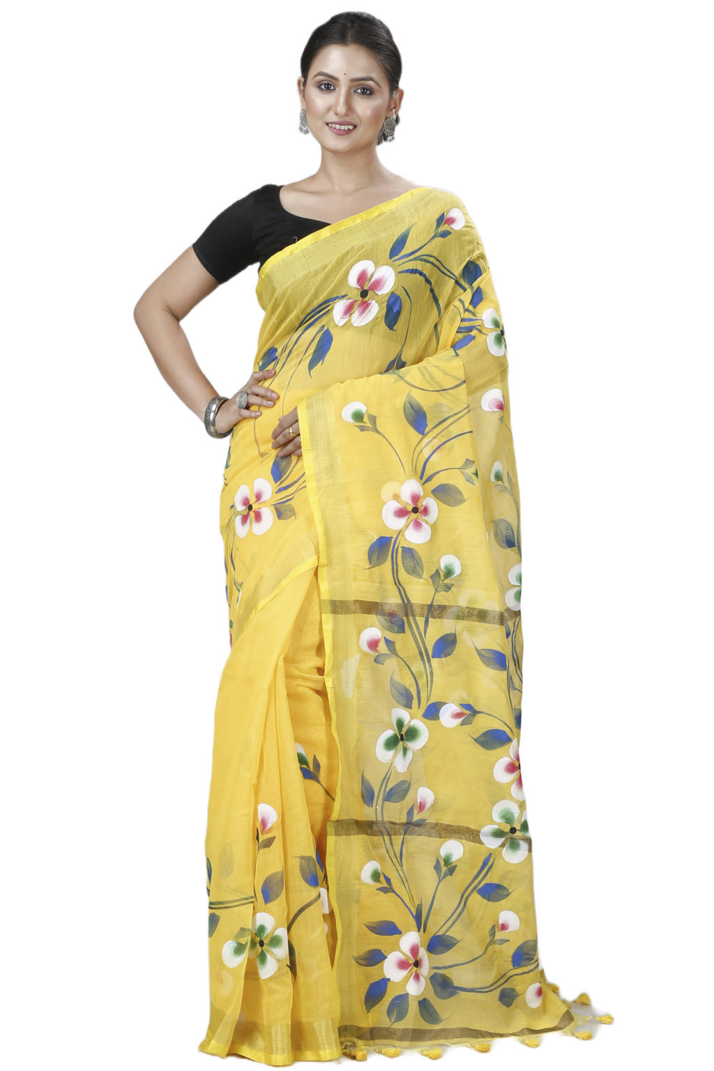 Yellow Blended Cotton Tonika Hand Painted Saree (1219)